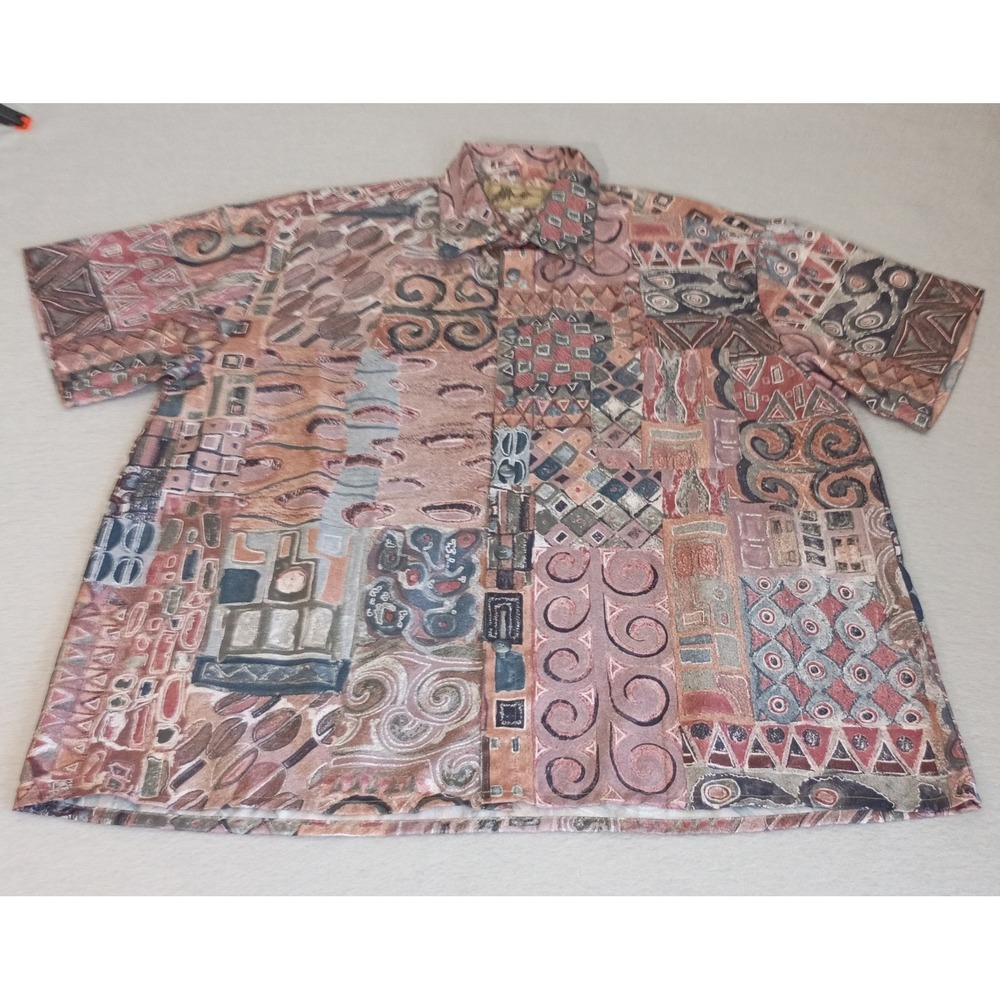 Vtg Fulton Street Button Up Mens XL Short Sleeve Geometric Art Polyester Light